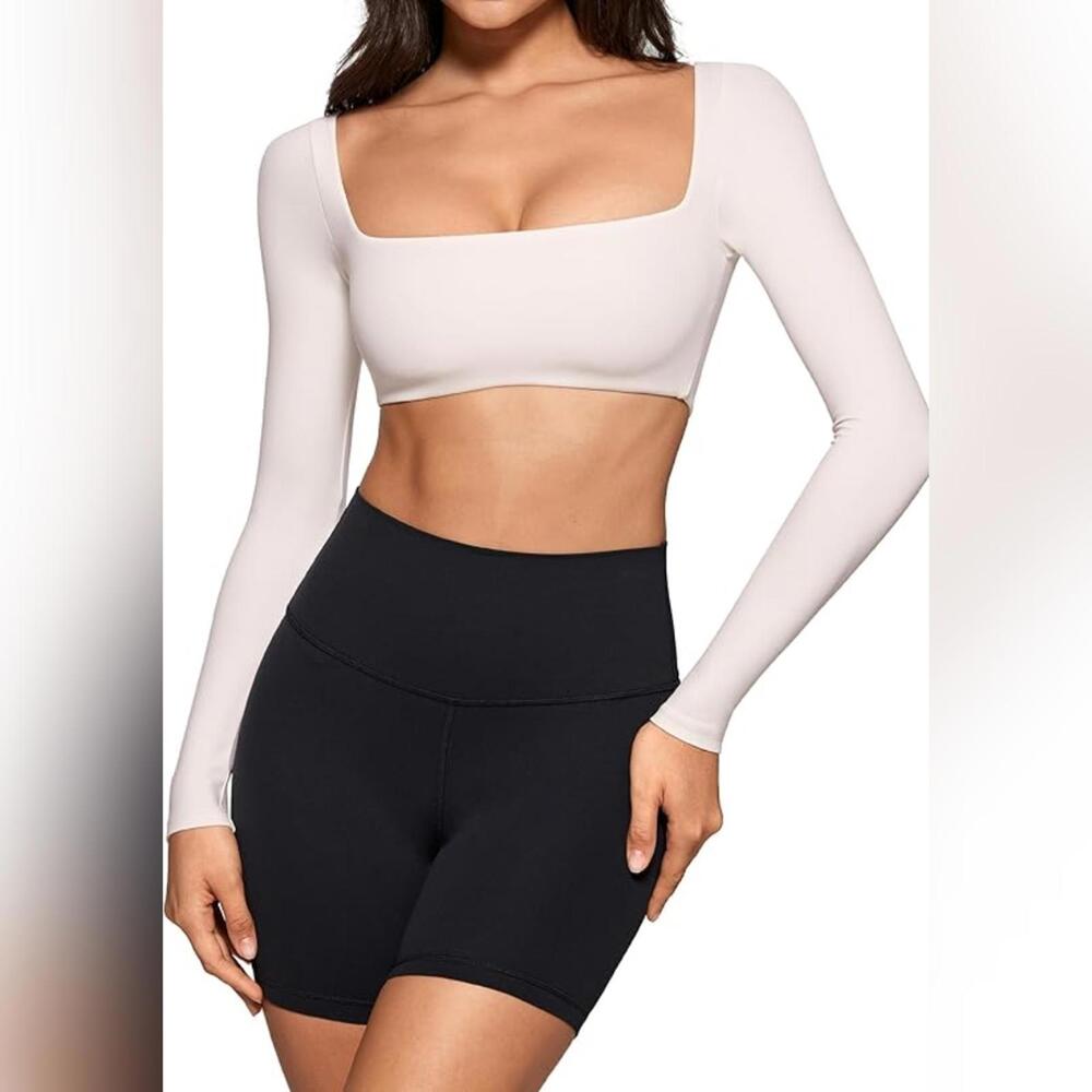 NWT INGIA Square Neck Long Sleeve Crop Yoga Built-in Bra Top, Large